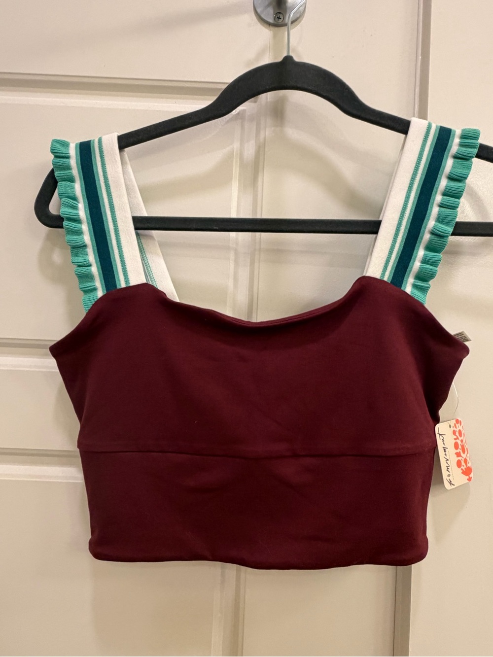 Free People: Women’s Burgundy Crop Tank with Striped Green Ruffle Straps